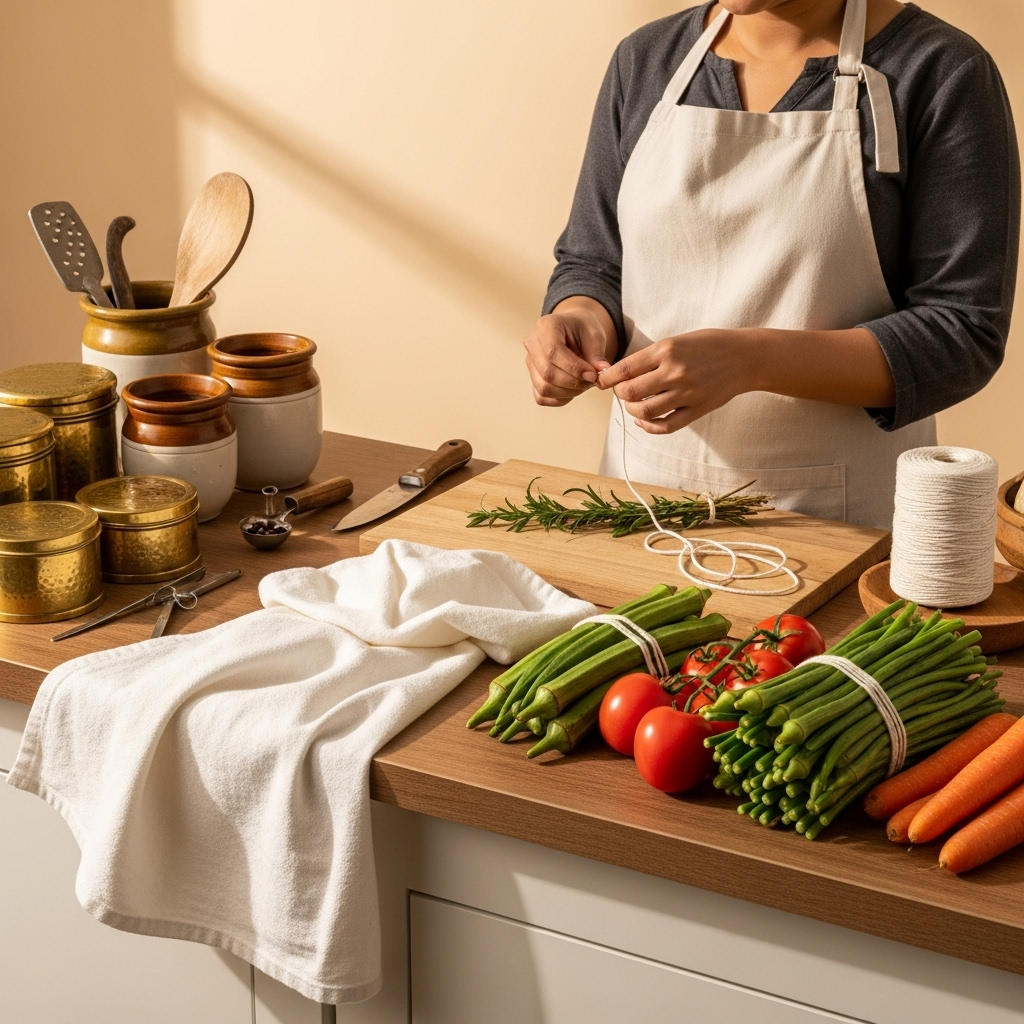 A Women use appran and flour sack towel and twine use in the kitchen